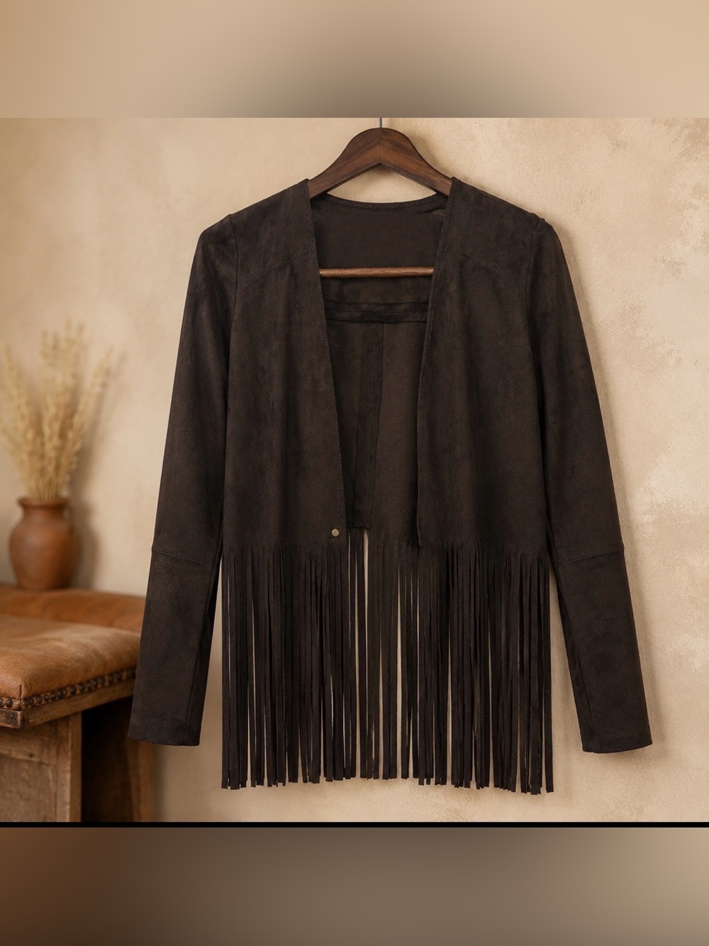 KAren Kane size small brown faux suede jacket with fringe